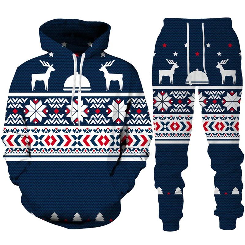 Autumn Winter Men Merry Christmas Hoodie Set Cartoon Santa Claus Clothing Male Fashion Hooded Coat Pullover Casual Streetwear
