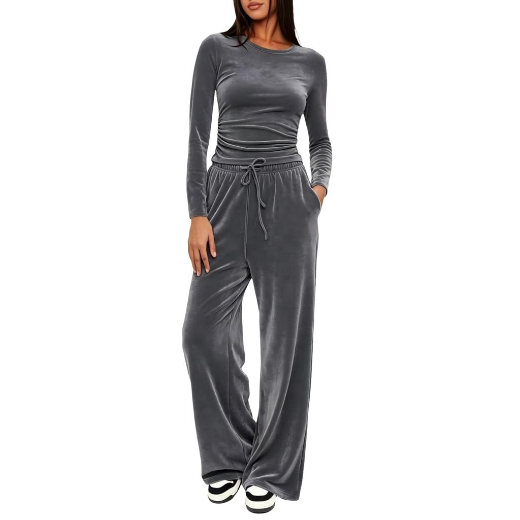 Women's Fashion Casual Activewear Set Long Sleeve Top and High Waist Wide Leg Pants Color Two Piece Outfit
