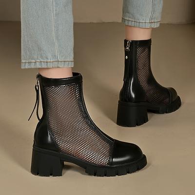 Women High Heels Mesh Booties Casual Autumn Western Boots Cowboy Mid Calf Boots Short Cossacks Botas High Heels Hollow Out Boots