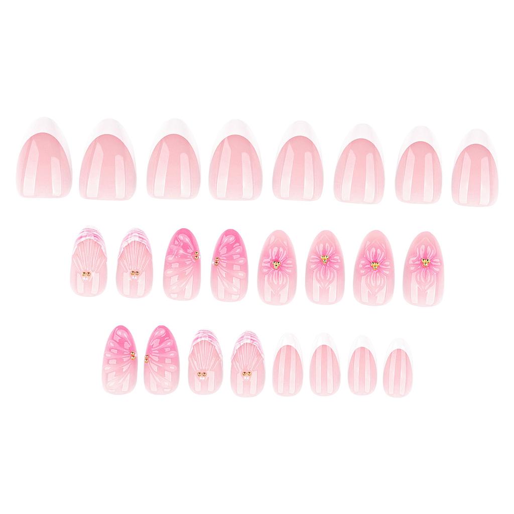 French Almond 3D Flower Press On Nails 24 Pieces Short Length Elegant Design For Wedding Party Daily Use
