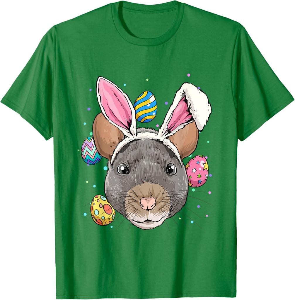 Rat Wearing Bunny Ears Easter Graphic Tee Funny Rodent Lover Casual T-Shirt