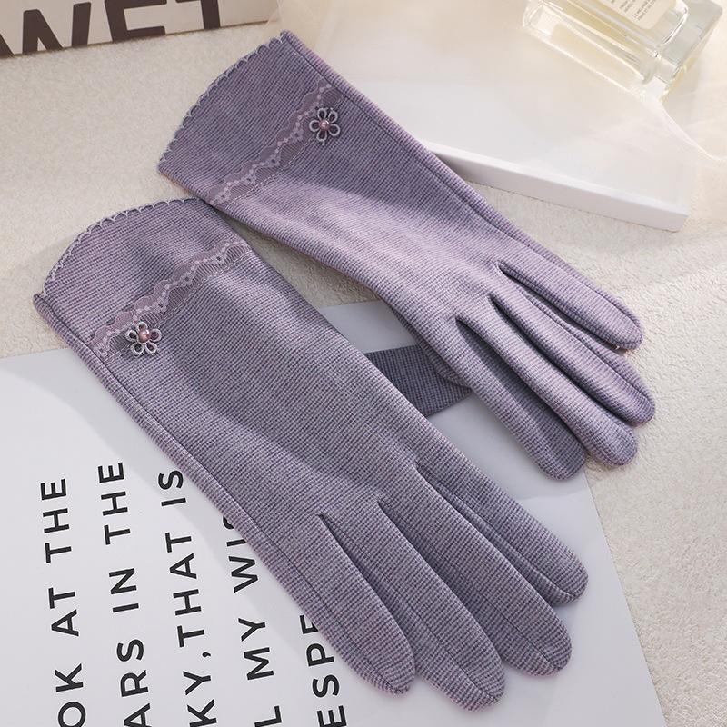 Warm Gloves Single Layer Women's Elegant Lace Houndstooth Outdoor Riding Cold Proof and Wind Proof Touch Screen Autumn and Winter Gloves