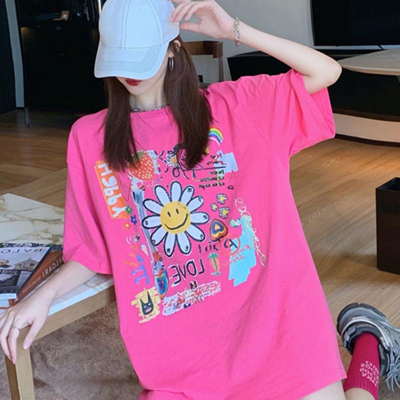 Summer 2026 Korean Style Trendy Cute Graffiti Loose Mid-Length Short-Sleeve T-shirt for Women
