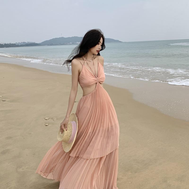 French Pure Desire Irregular Waist Thin Suspender Dress Women's Seaside Vacation Photo Beach Dress
