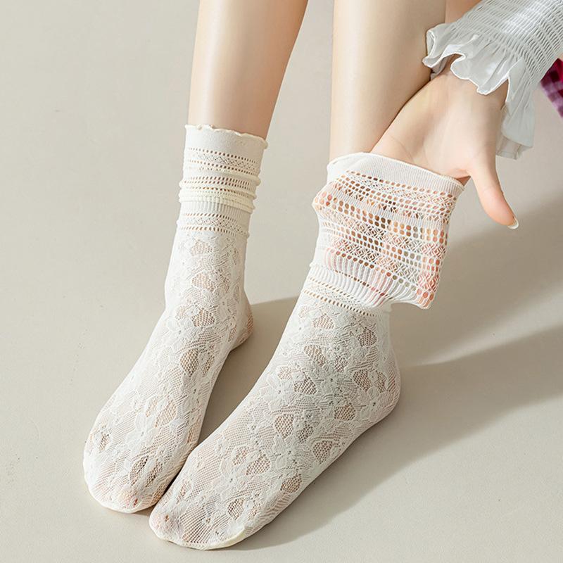 Japanese Style Black Fungus Edge Hollowed Out Lace Pile Socks Summer Thin Women's Breathable Design Mid Calf Socks Lace Socks