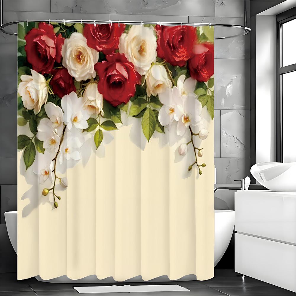 Rose Flower Botanical Shower Curtain, Bathroom Decorative Shower Curtain, Waterproof Shower Curtain with Hooks