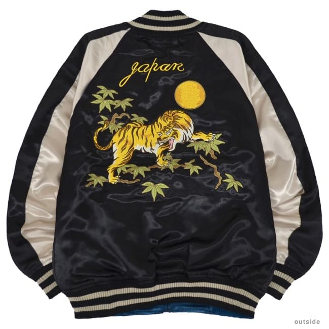 [Yoshida Yu] Reversible Sukajan Jacket, 2-Way Japanese Tiger Embroidery Long Sleeve Souvenir Bomber Outerwear, Black, size L