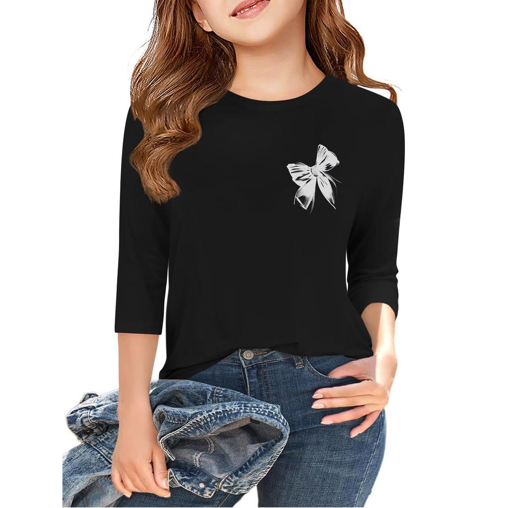 Trykktopper for unge jenter Rund hals 3/4 ermer T-skjorter Trendy topper Antrekk T-skjorter