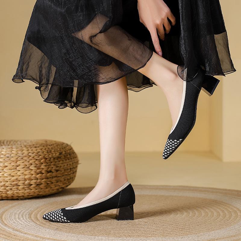 

Single shoes women s new square head light mouth flying knitted shoes thick heel woven shoes high heels 34 небо синє кольору