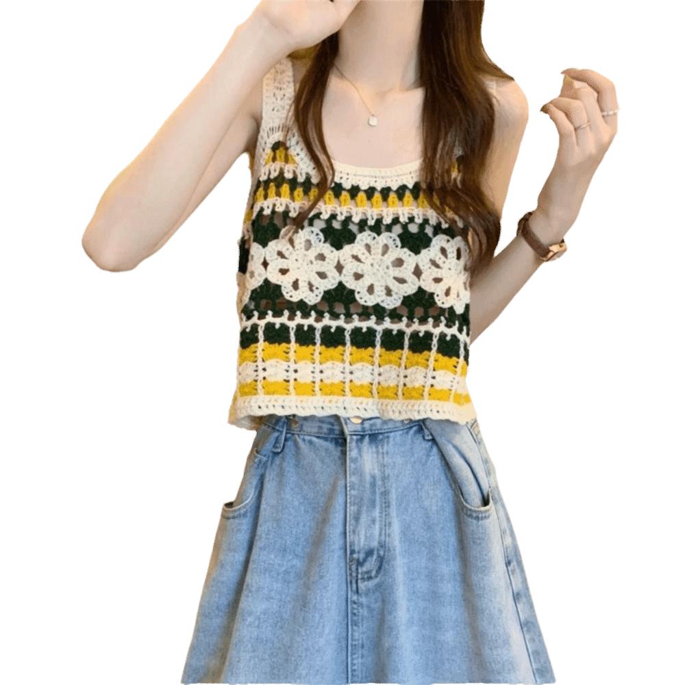 Short Knitted Vest Polyester Fiber Sleeveless Top Sweet Hollow Out Top Women's