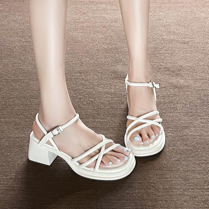 Roman Sandals Women's Summer New Versatile Fairy Style Thick Heel Soft Sole Word with Open Toe Middle Heel Sandals