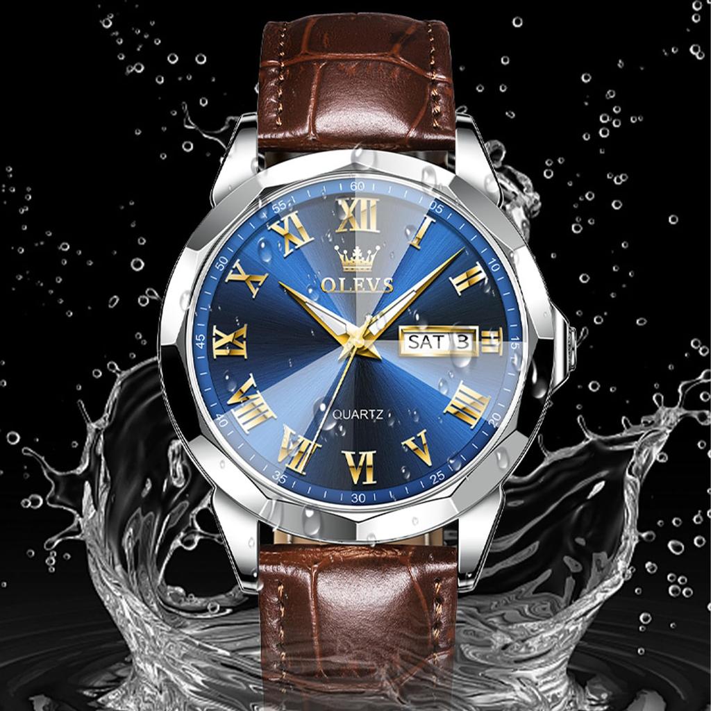 OLEVS Quartz Business Brown Leather Analogue Watch with Date and Day Stylish Blue Leather Men's Watch, Popular, Waterproof, Style, Strap, Display,