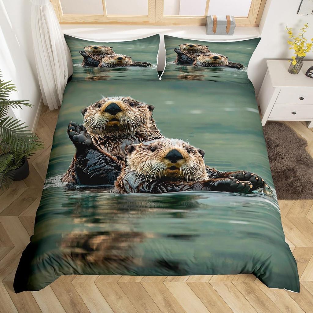 Sea Otter Duvet Cover Set Ocean Creature Otter Toddler Soft Polyester Bedding Set Cute Cartoon Animal Print Comforter Cover Sets
