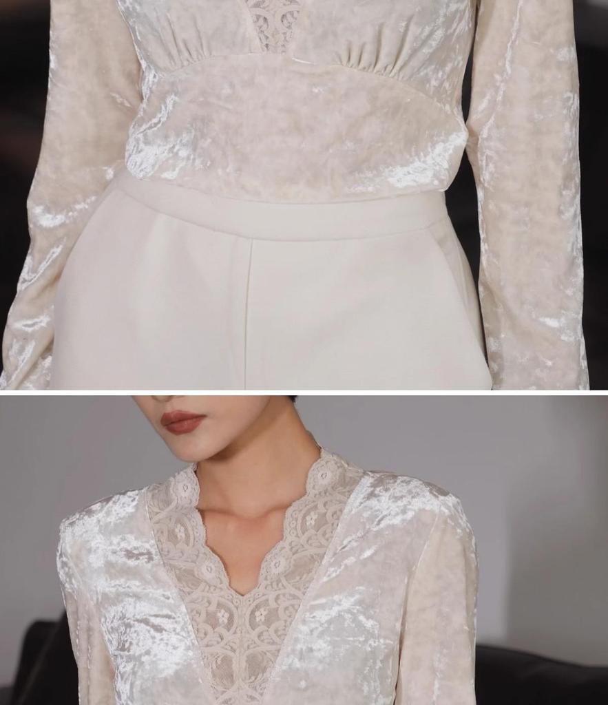 Women's V-Neck Lace Trim Layered Top - Autumn, Spring, Winter - Faux Fur & Velvet, Elegant & Unique.