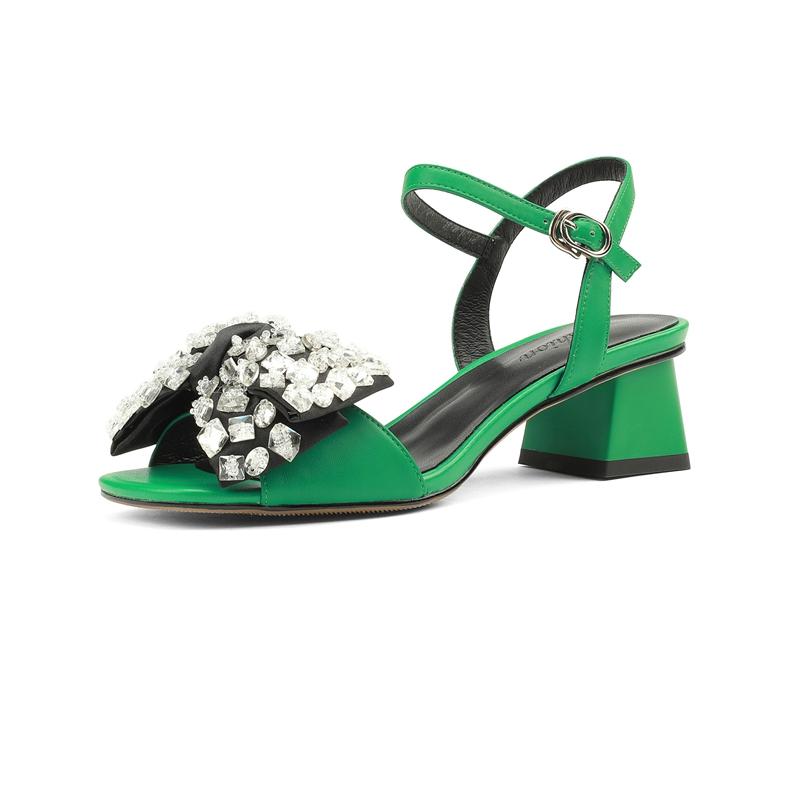 Fashion Women's New Summer Crystal Bow Leather Cowhide Breathable Open Toe Loose Grip Princess Style Square Toe Sandals