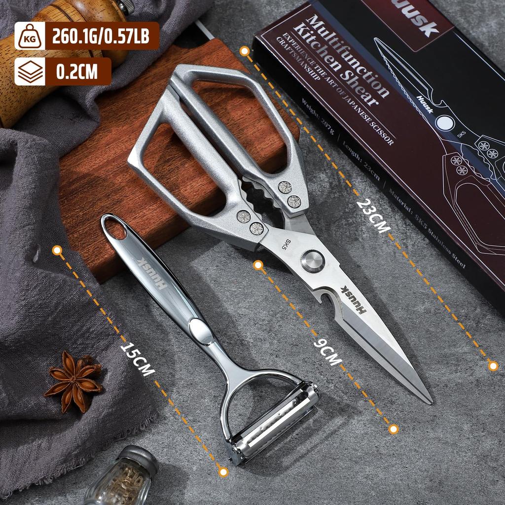 HUUSK Kitchen Scissors Peeler Set Stainless Steel Kitchen Scissors Peeler Minimalist Dishwasher Perfect for Cooking and Camping & Multi-Function &
