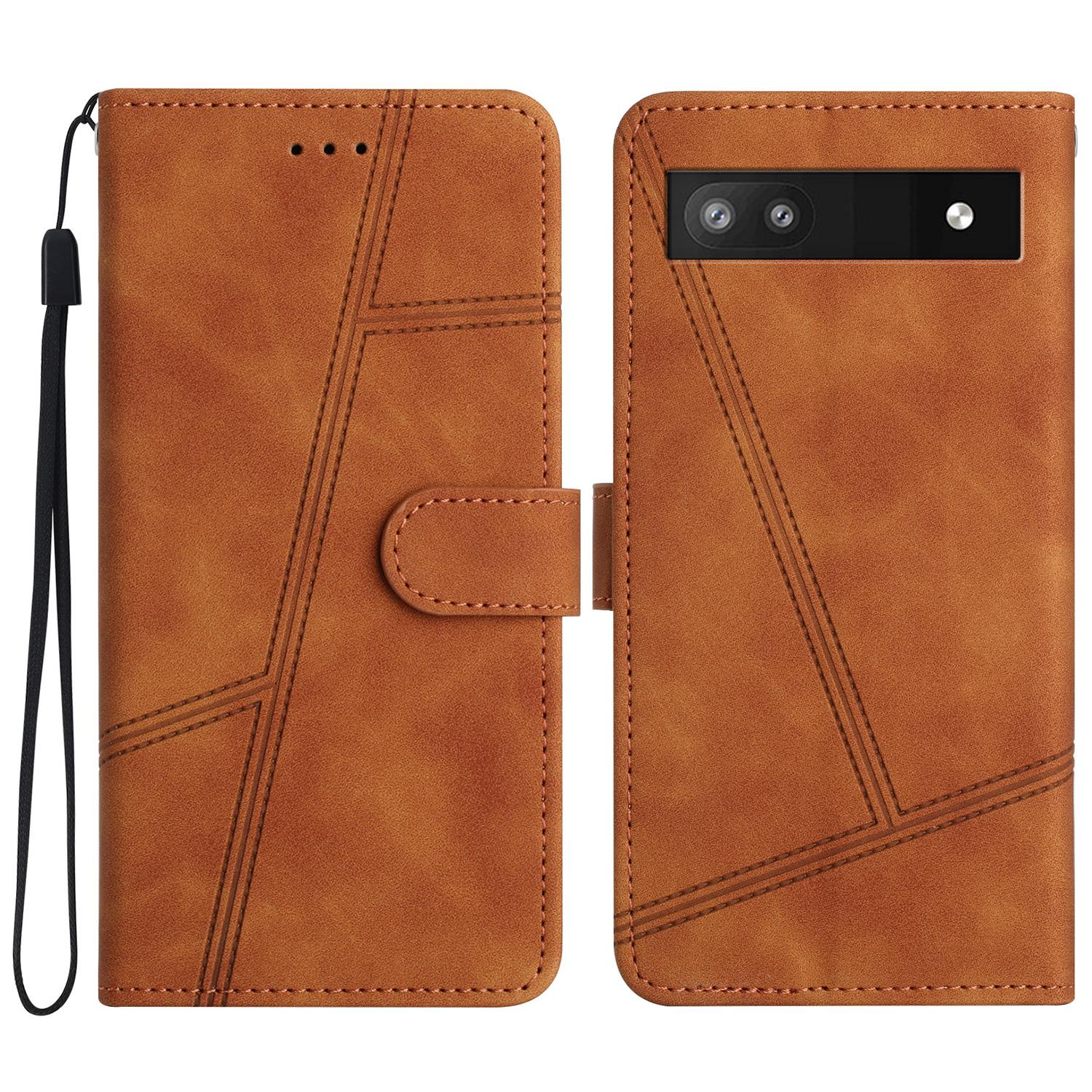

For Google Pixel 6a Skin-touch PU Leather Imprinted Line Phone Shell Wallet Protective Stand Cover Brown