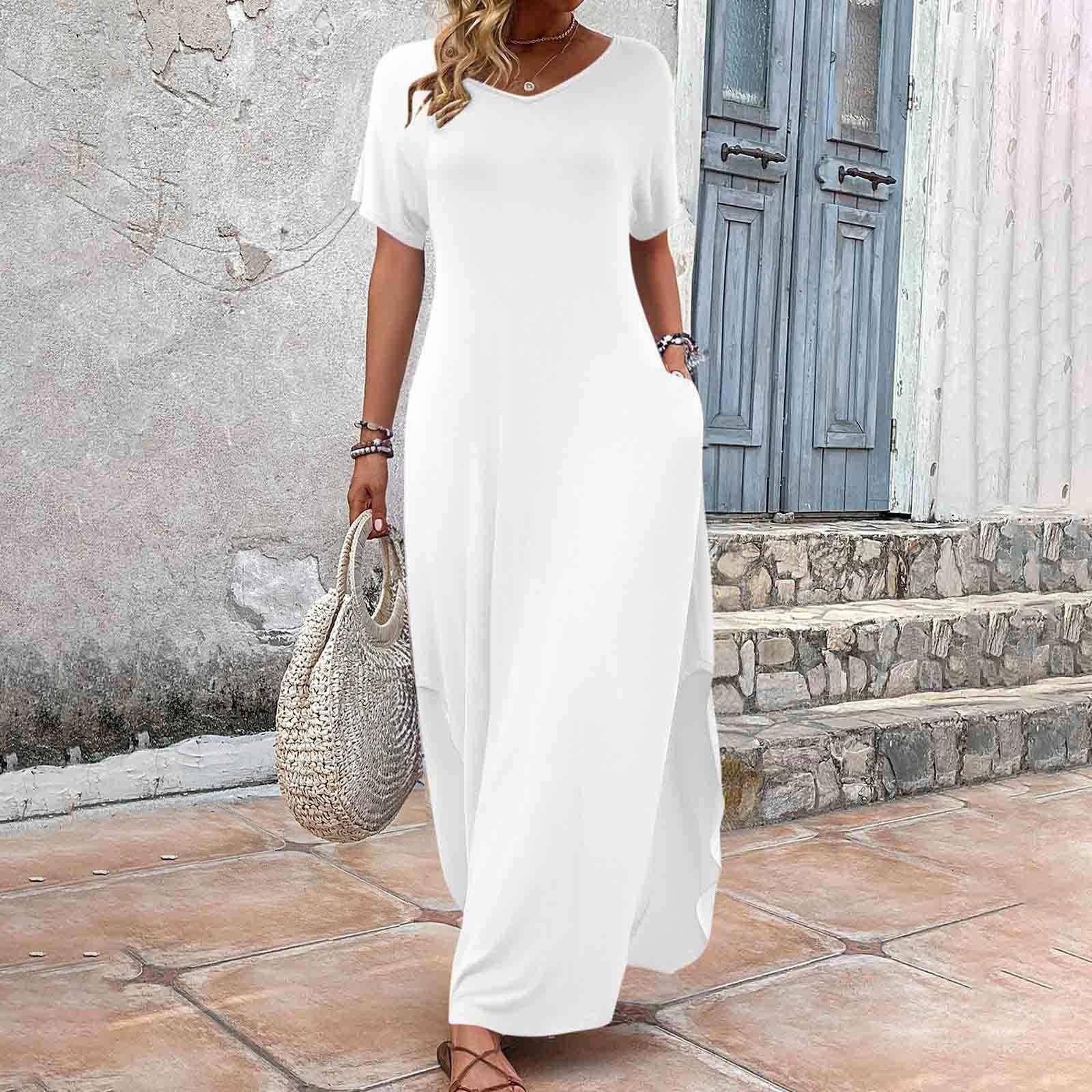 

Жіноча вільна повсякденна однотонна сукня максі з V-подібним вирізом та кишенями, з короткими рукавами