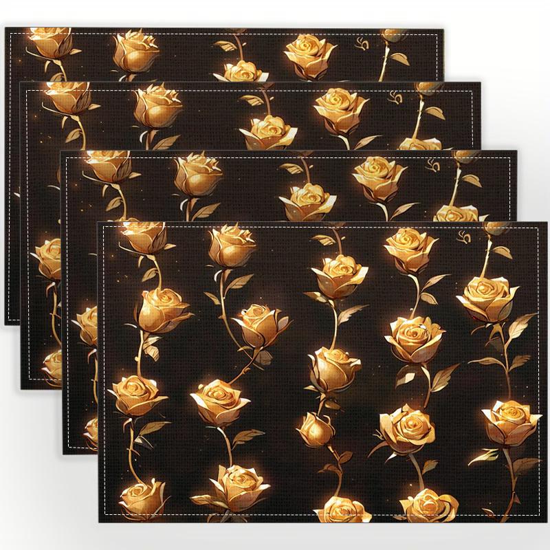 

Elegant Golden Roses On Black Placemat Linen Non Slip Table Mat For Home Kitchen Dining Decor Wedding Gift 4Pcs-30X45cm(12X18in