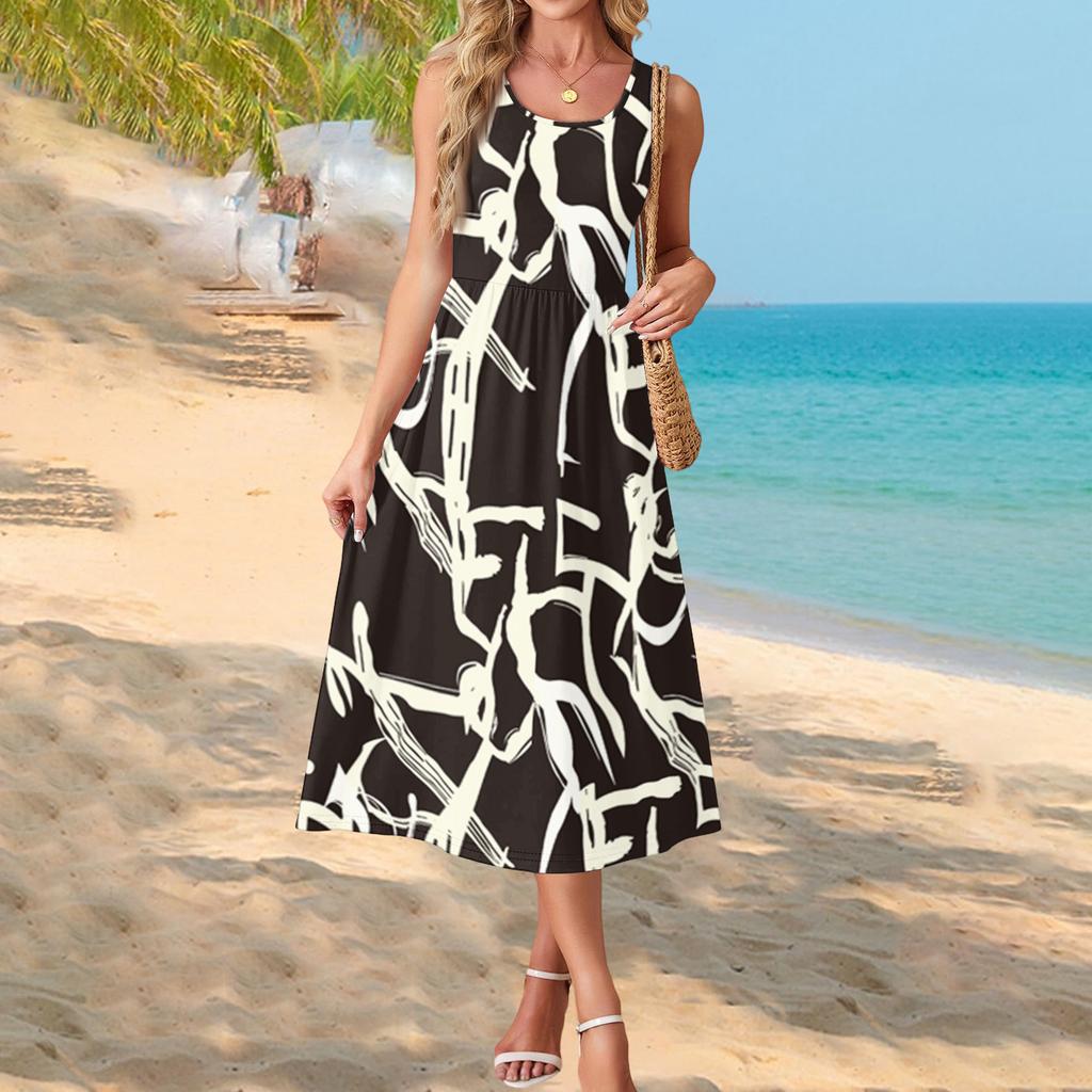 Modisches Damen-Sommerkleid, elegante Freizeitkleidung, Strandurlaub-Sonnenrock mit Taschen
