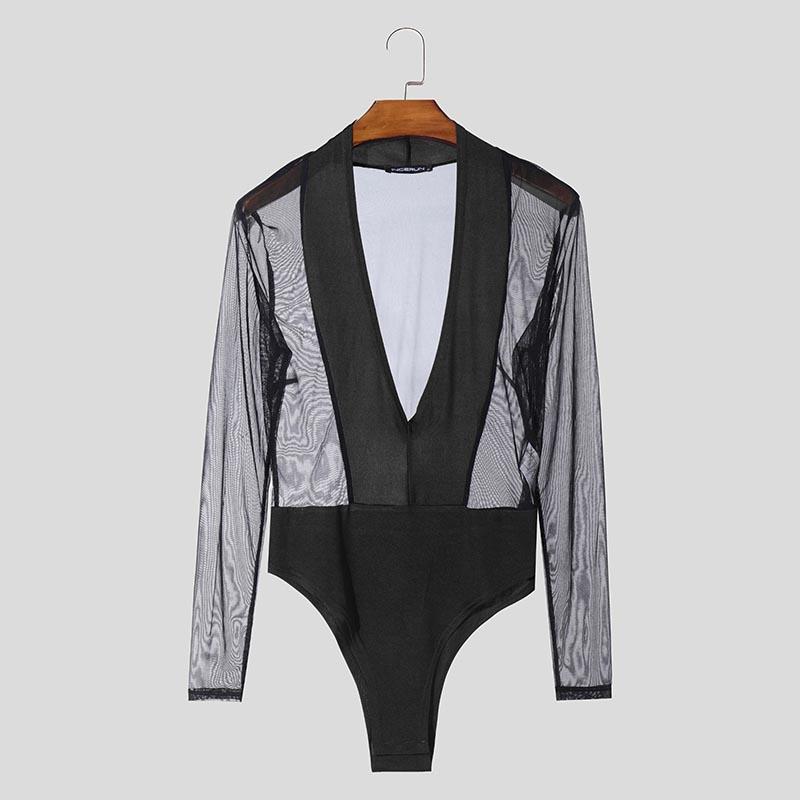 INCERUN Pánské trikotové kombinézy s dlouhým rukávem, síťovinou, průhlednou