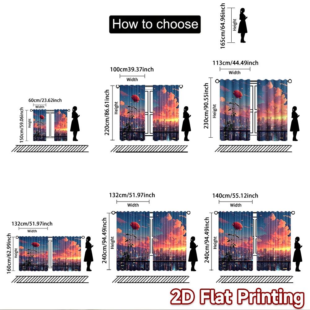 2D flat printing 2pcs Window Drapes Anime Rose City Sunset Digital Printed Polyester Drapes Holiday Decorations Perfect for