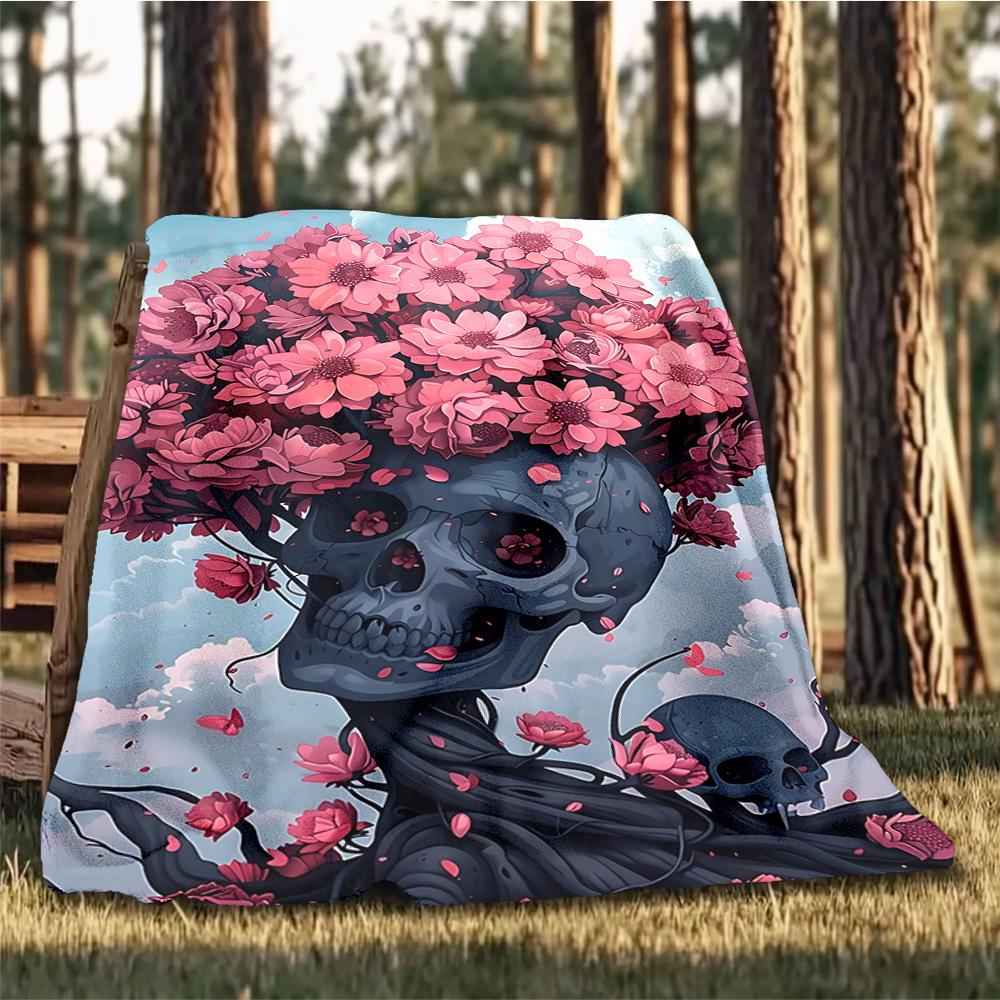 1pc Floral Skull Artwork Print Outdoor Blanket, Lightweight Polyester,