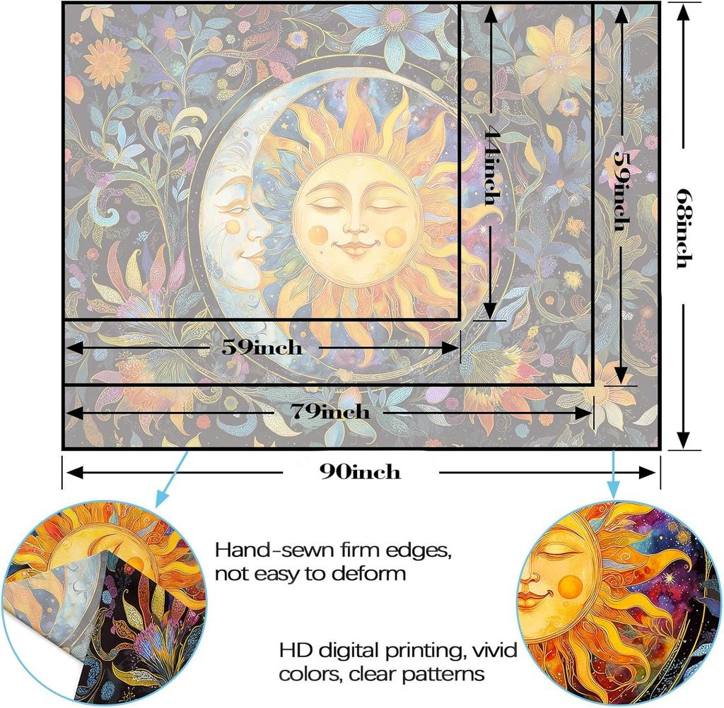 Wegklazax Abstract Sun and Moon Floral Tapestry, Bohemian Hippie Cosmic Wall Art for Room Decor, Artistic Nature Home Decor