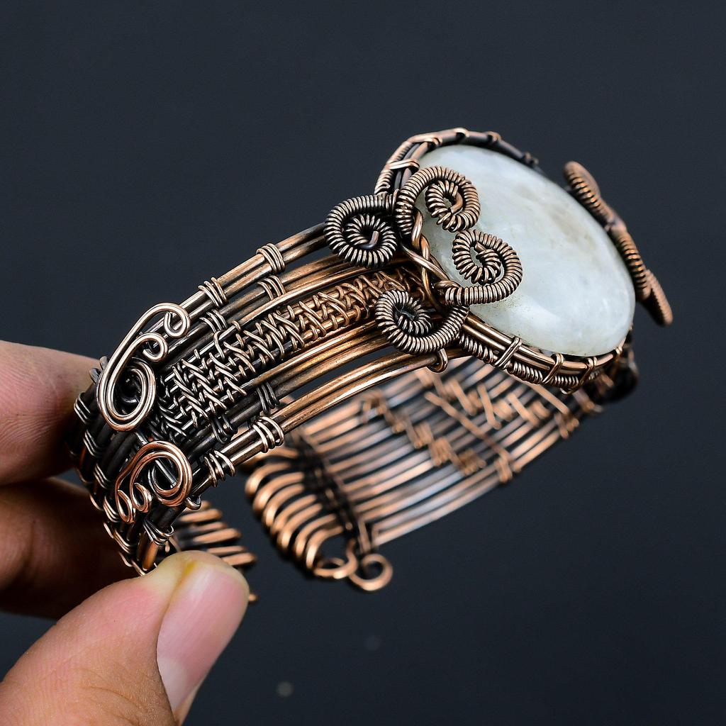 Moonstone ren koppartråd insvept handgjorda smycken armband armband justerbar för henne
