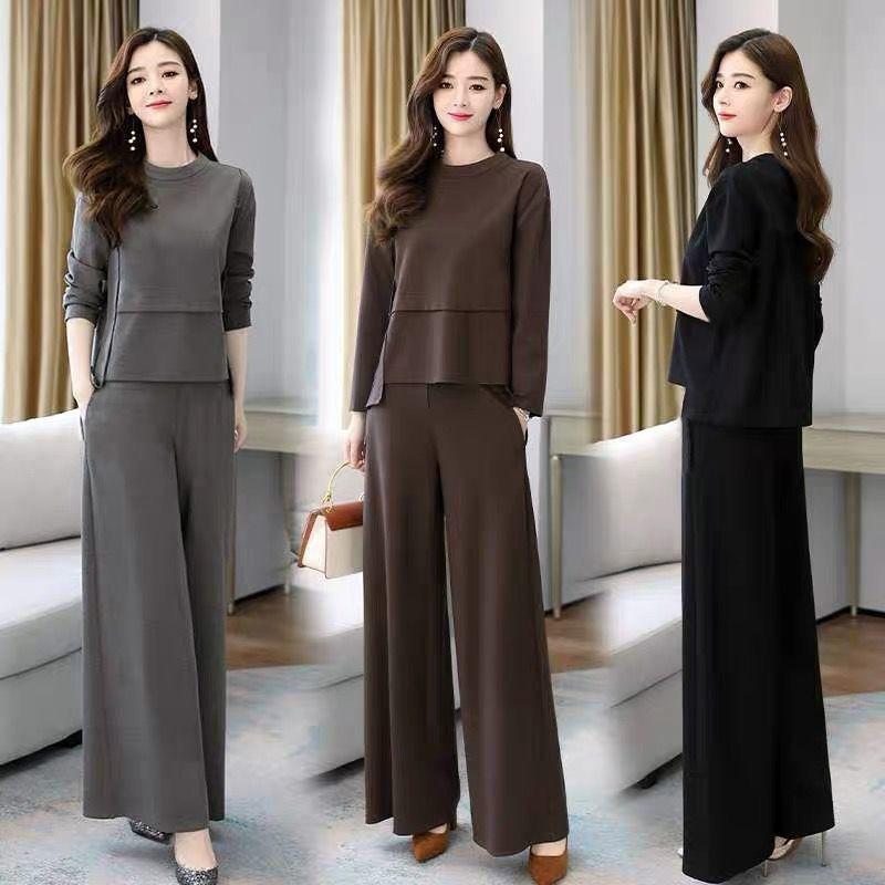 Women's Spring Fall Wide Leg Pants Set – Youthful Slimming Two Piece Tunic Top and Trousers Outfit