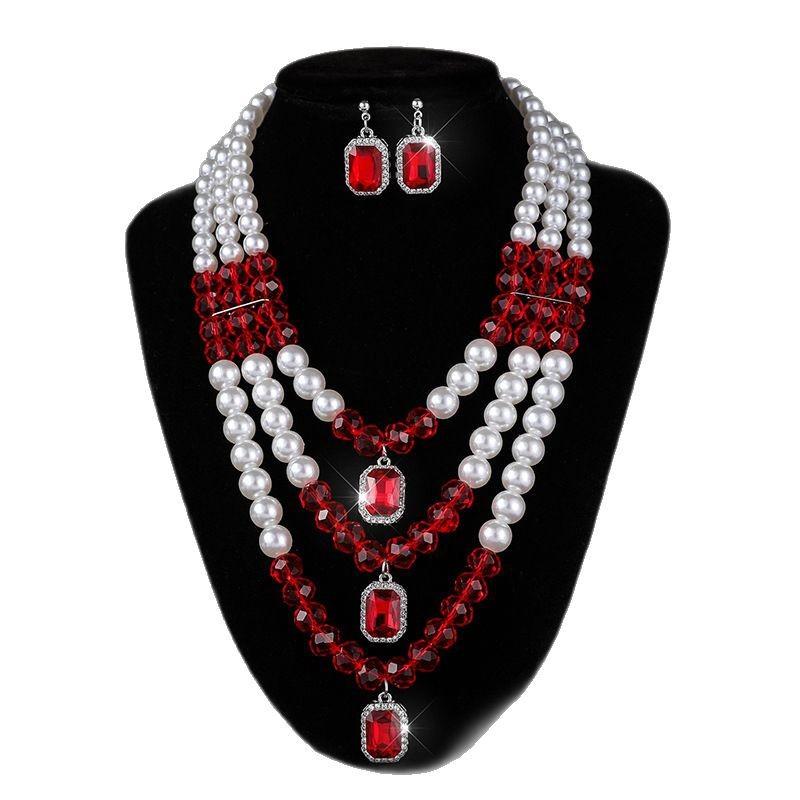 Geometrische Mehrschichtige Imitation Perle Kristall Halskette Ohrstecker Party Imitation Perle Diamant Halskette Schmuckset