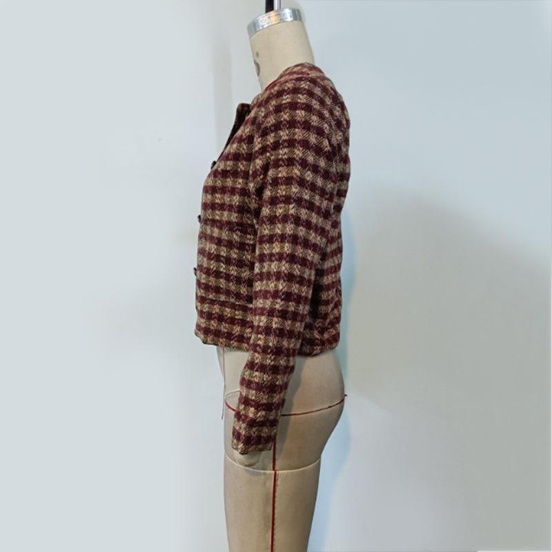 Giacca Corta Casual Antivento da Donna Autunnale a Girocollo Maniche Lunghe con Stampa a Quadri