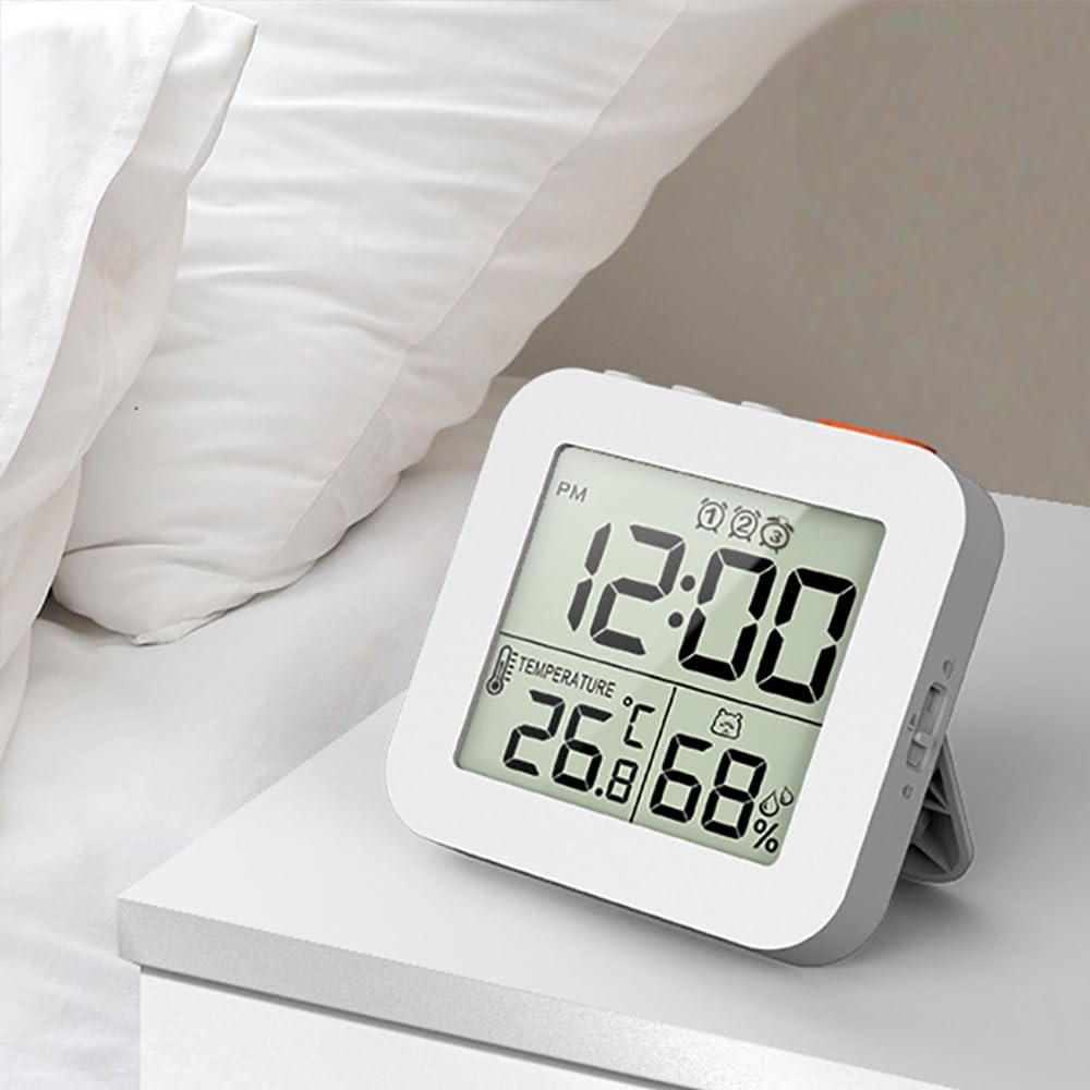 LCD Temperature and Humidity Clock with 3 Alarms, Multifunctional Alarm Clock, Wake-up Assistant for Children and Students, Digital Shower Clock with