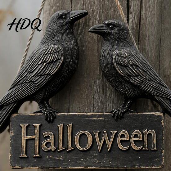 Creative Halloween Gifts Crow Welcome Sign for Front Door, Gothic Black Raven Wooden Wall Hanging Indoor Outdoor Door Hanger Plaque, 2D Flat
