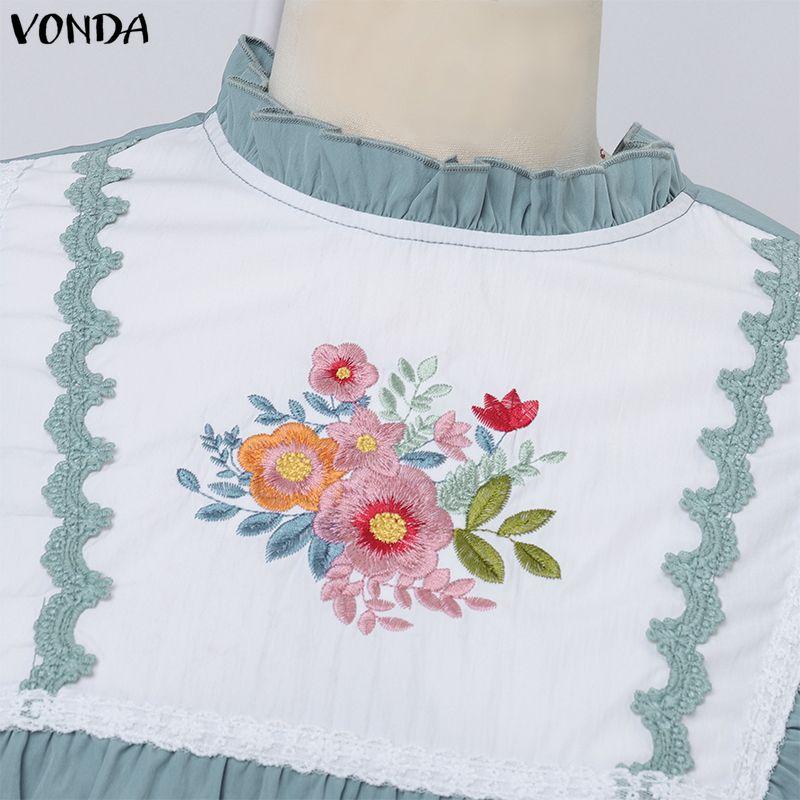 VONDA Vintage Women Stand Neck Short Sleeve Embroidery Patchwork Long Dress