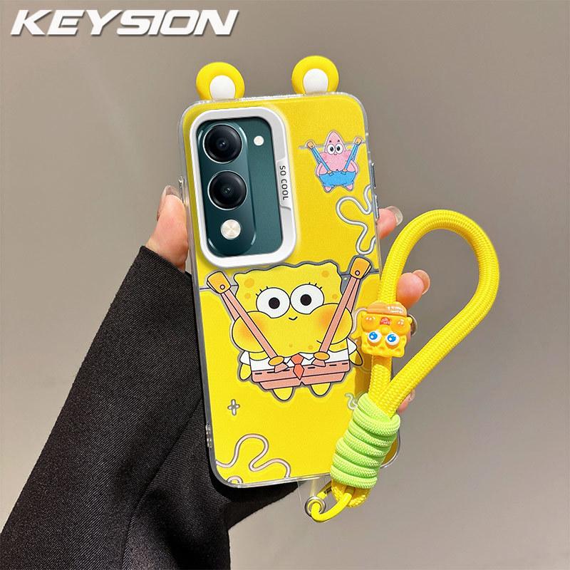 KEYSION Cute Ear Cartoon Case for VIVO Y04 Y04s with Lanyard Soft Silicone+PC Shockproof Phone Cover for VIVO Y29s Y29t 5G