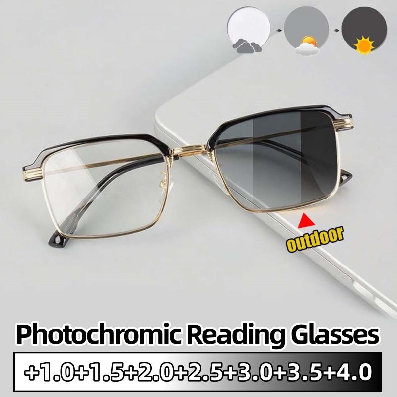 Photochromic Reading Glasses Man Fashion Classic Metal Frame Presbyopic Eyewear Woman Anti Blue Light Far Sight Eyeglasses