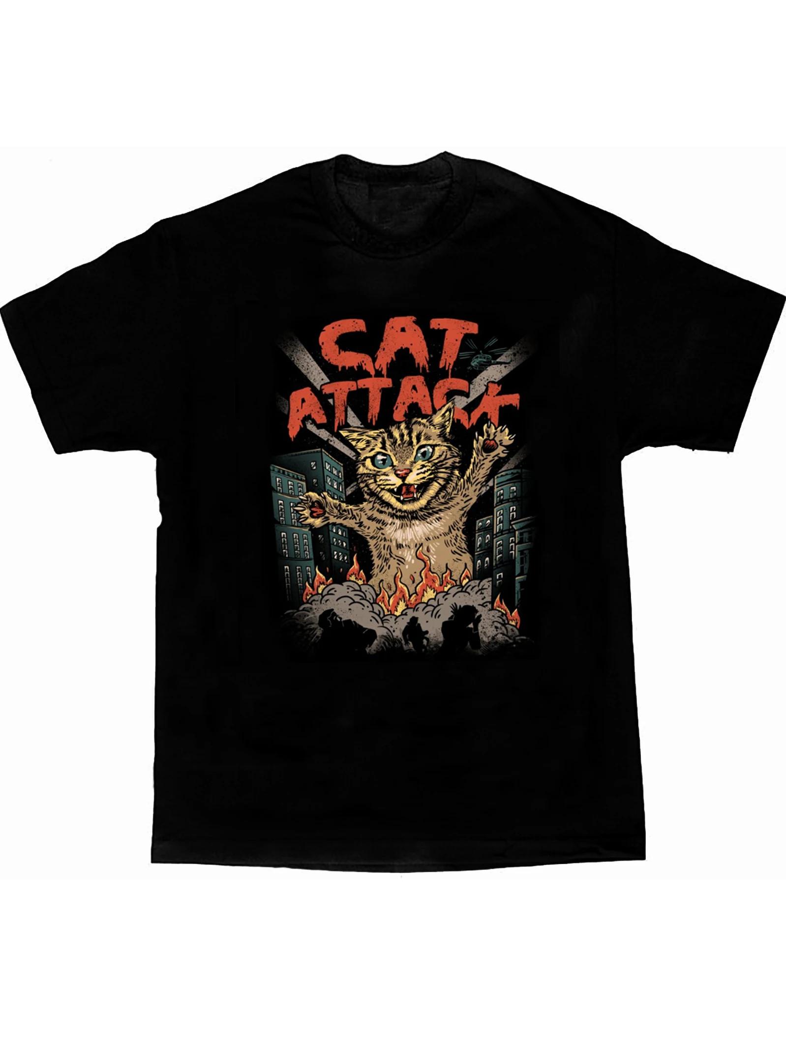 

Funny Japan Style Catzilla Cartoon Cat Attack T Shirt New 100 Cotton Short Sleeve ONeck Casual Tshirts Loose Top Size S3XL S