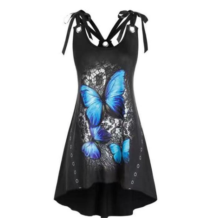 Wish Ladies Butterfly Print Splicing Sleeveless Lace-Up Dress