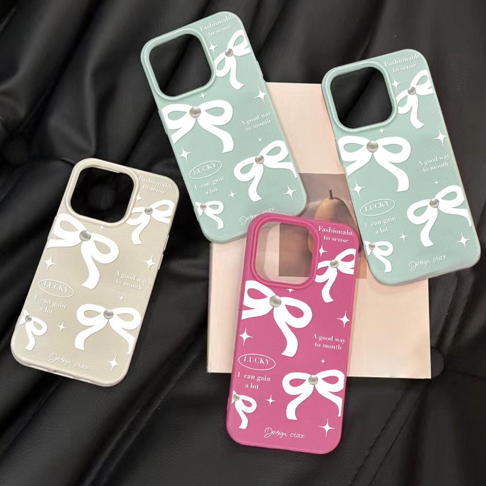 White English bow for iPhone17 ProMax leather pattern mobile phone protective case 17 large holes 16 simple