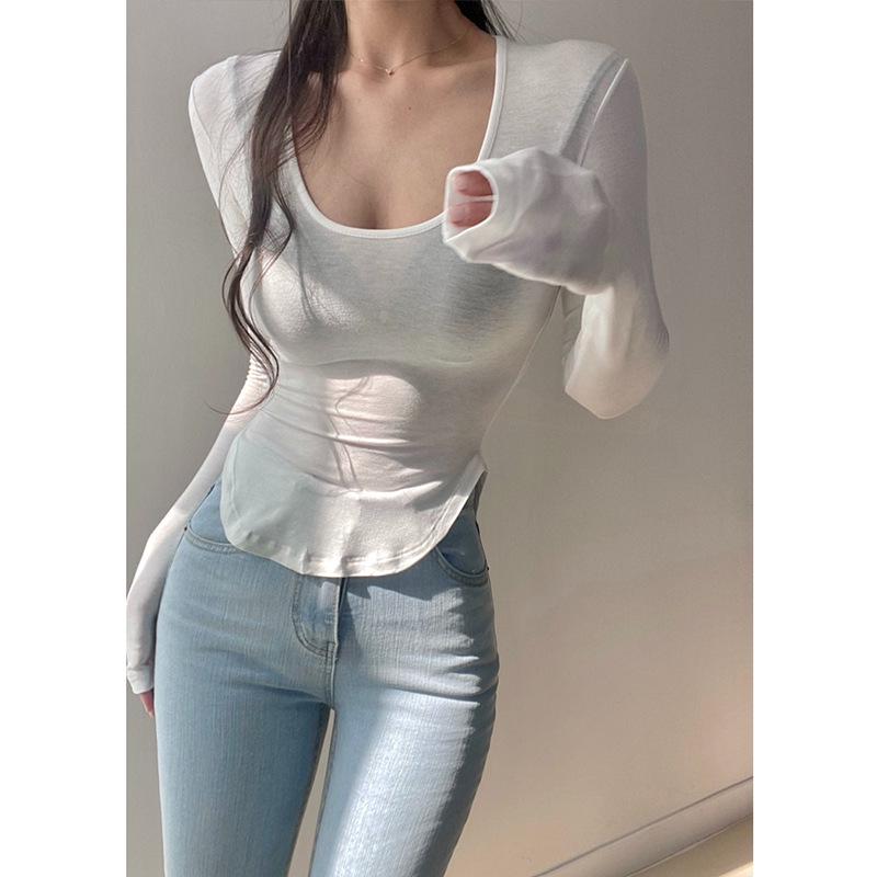 Korean Spring/Summer Slim Fit Sexy U-Neck Sheer Long Sleeve Curved Hem T-Shirt for Women