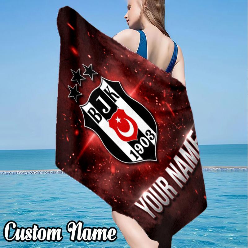 Custom Name BJK Football Crest Beach Towel - Soft, Ultra-Absorbent Microfiber, Lightweight, Perfect for Beach, Parties, Travel, Camping