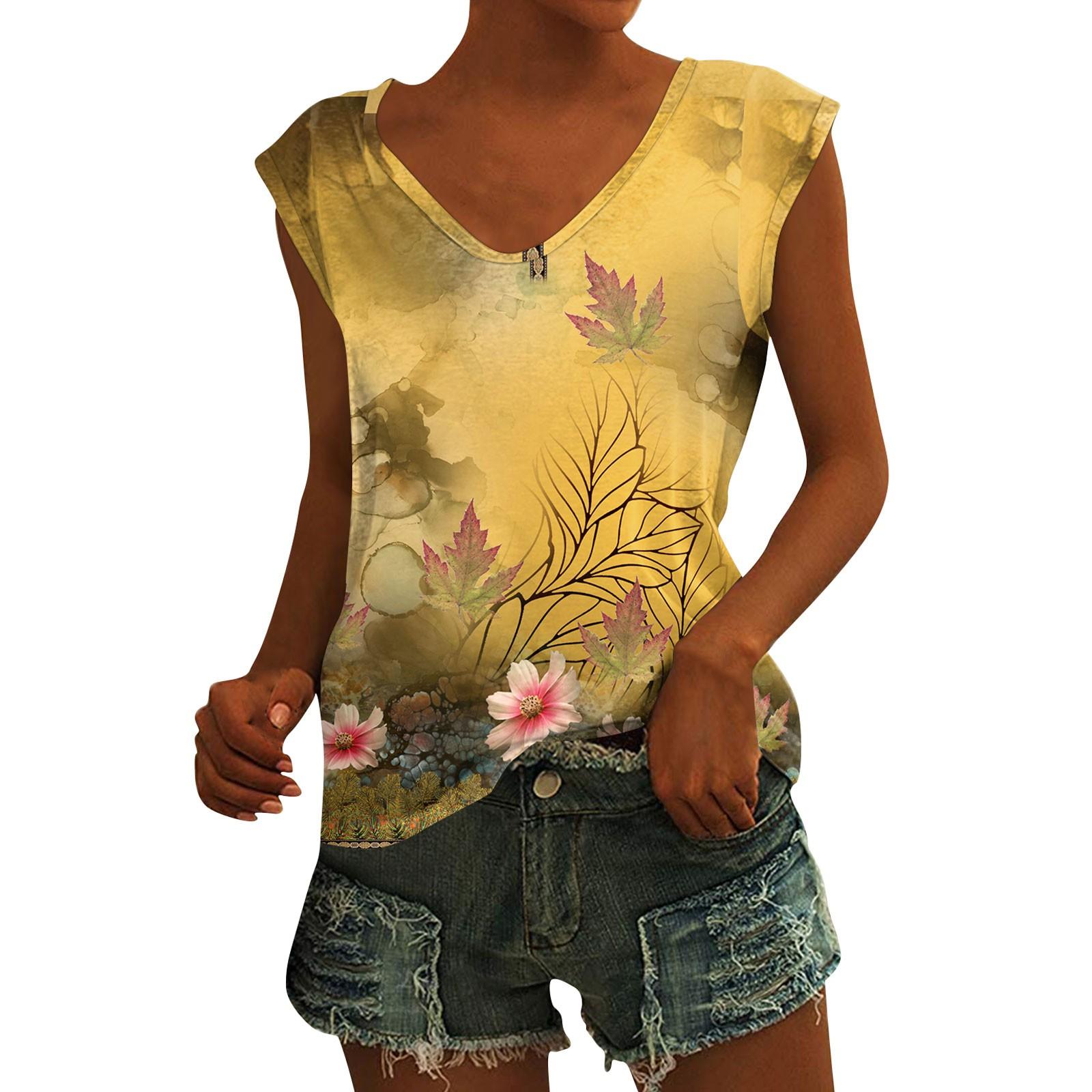 

Женский повседневный топ с v-образным вырезом и принтом, свободный пуловер, футболка с короткими рукавами L жёлтый