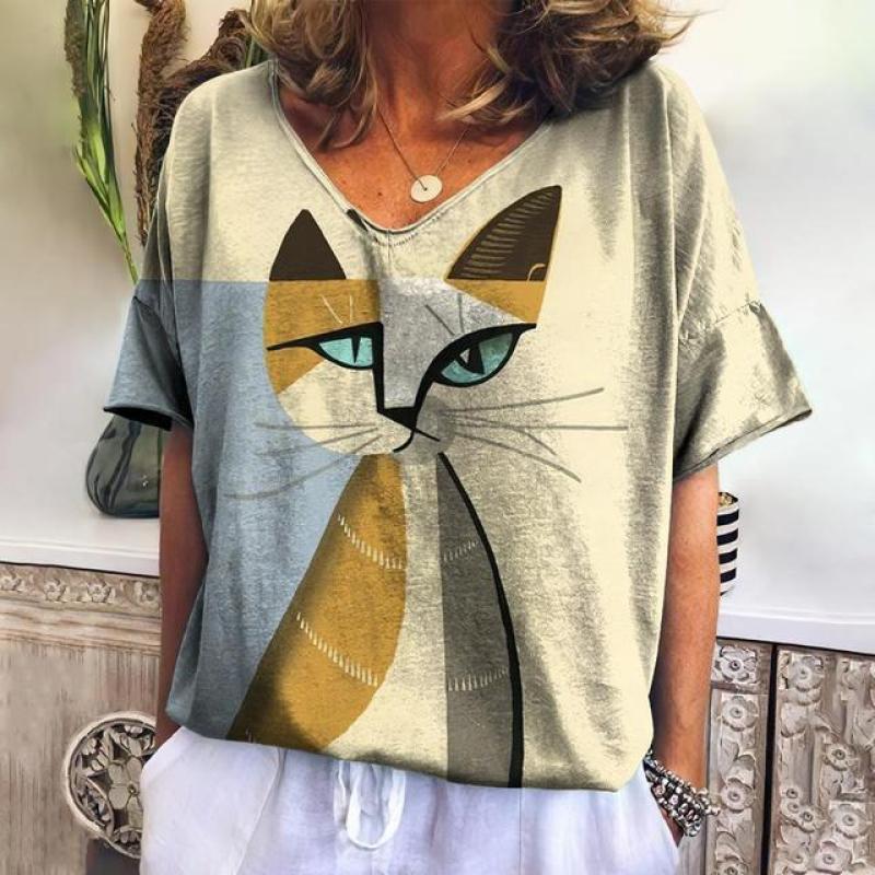 Frauen T-shirt Cartoon Katze Drucken Lose Freizeit Sommer Kurzarm V-ausschnitt Kawaii T-shirts Mit Katze Lustige Weiblichkeit Kleidung