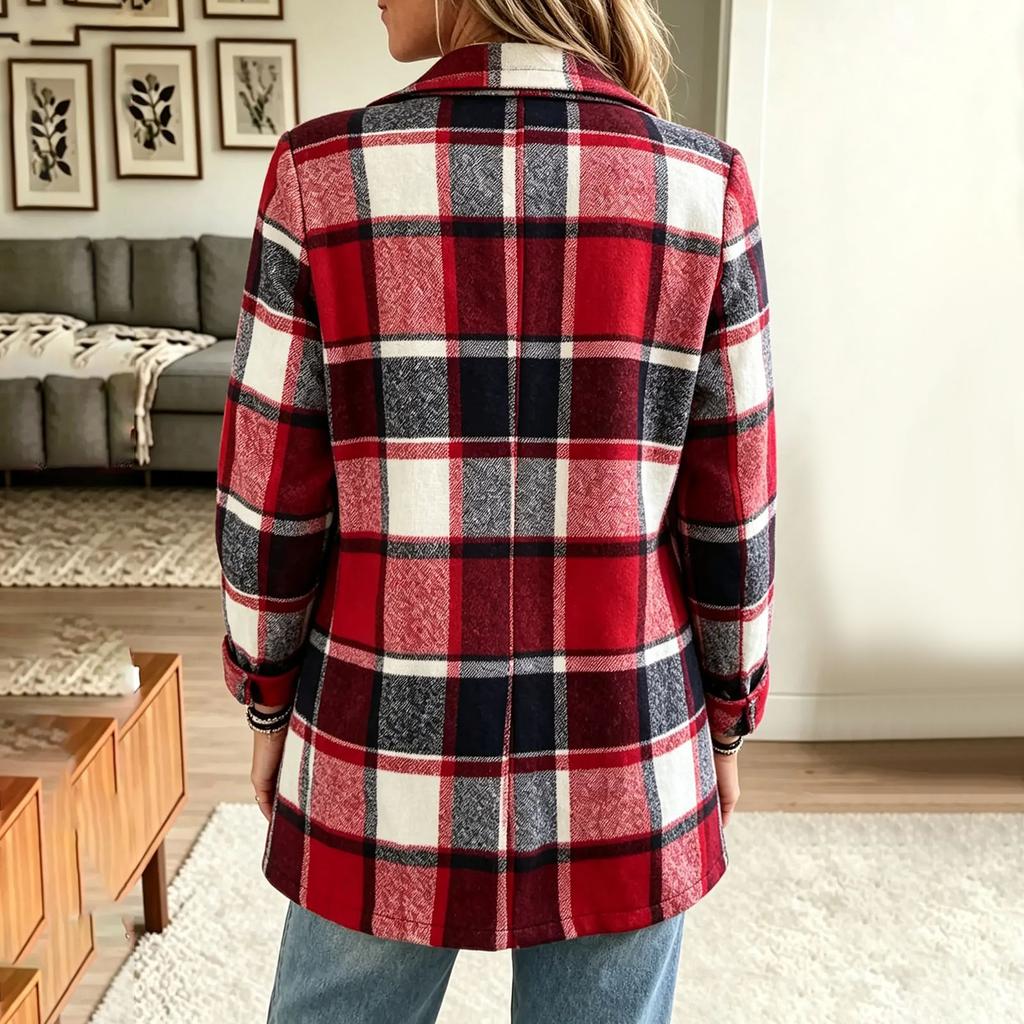 Damen Freizeit Karo Strickjacke Jacke mit Taschen, Langarm Umlegekragen Oberbekleidung