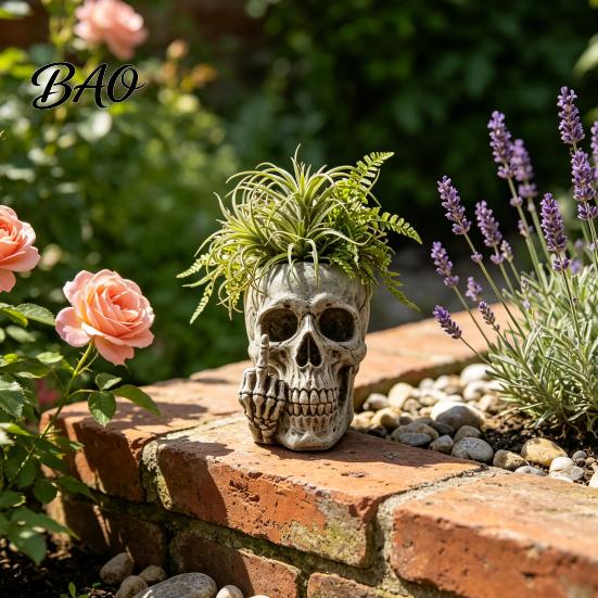 Small Plant Holder Skull Planter with Middle?Finger Gesture, Resin Succulent Pot, Gothic Skeleton Head Indoor Outdoor Flower Unique Desktop