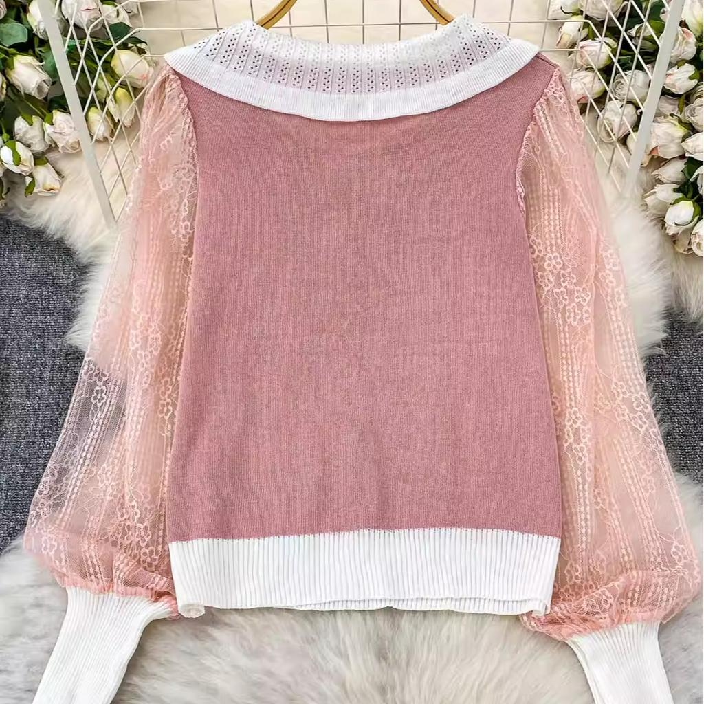 A Gentle and Youthful Style of A Socialite with A Bow and A Baby Collar Knitted Sweater for Women's Autumn and Winter, Featuring A Patchwork Lace Top