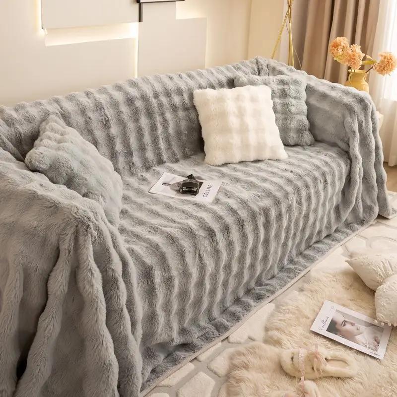Green Soft Non-Slip Plush Sofa Full Cover Plush Thick Warm Universal Cushion Solid Color 2 3 Seat Couch Blanket Mat Home Decor