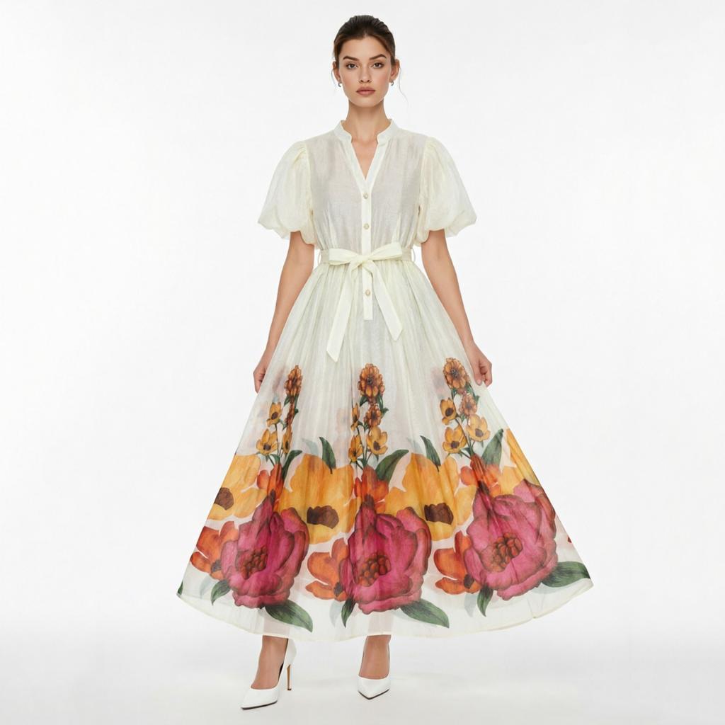 French Vintage Flower Maxi Dress Women Puff Sleeve V-Neck Elegant Floral Print High Waist Sashes A-Line Summer Beach Long Maxi Dresses