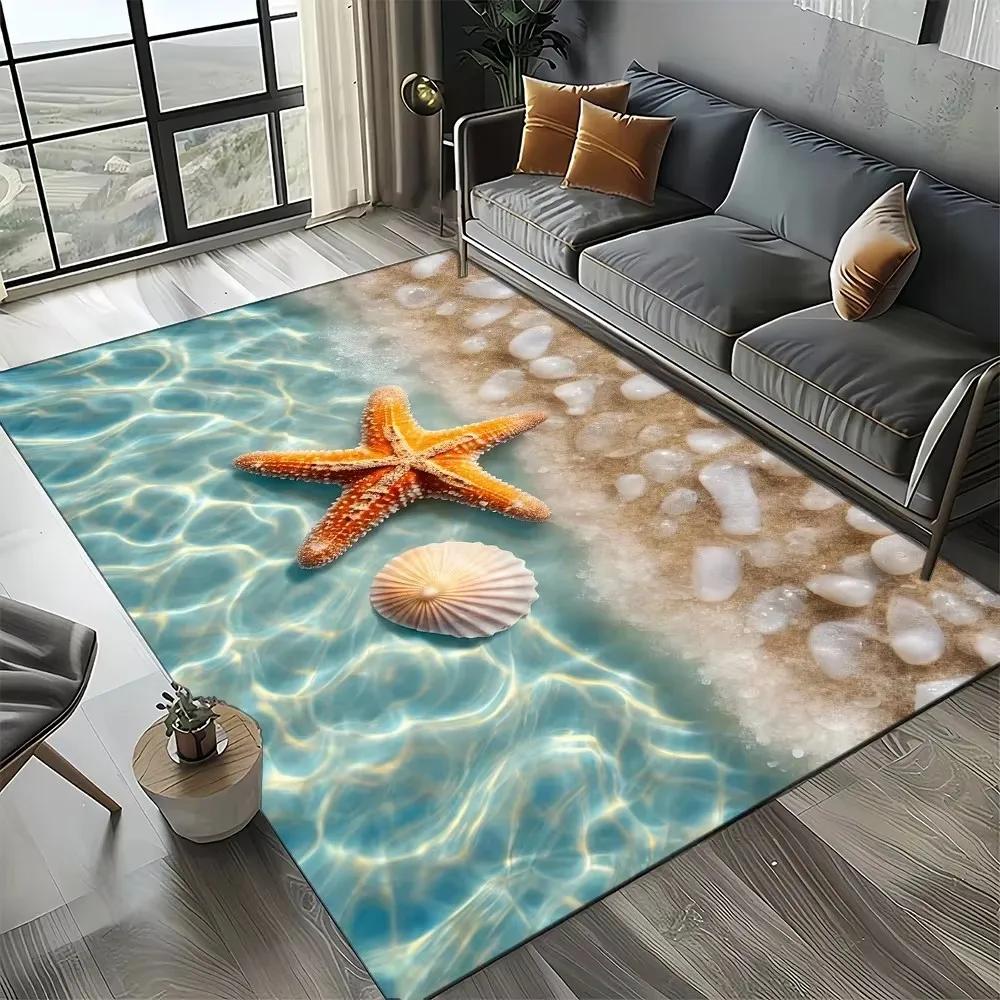 Starfish Beach Shell Sand Pattern Area Rug Coastal Ocean Carpet for Living Room Bedroom Kids Play Room Non-Slip Floor Mat